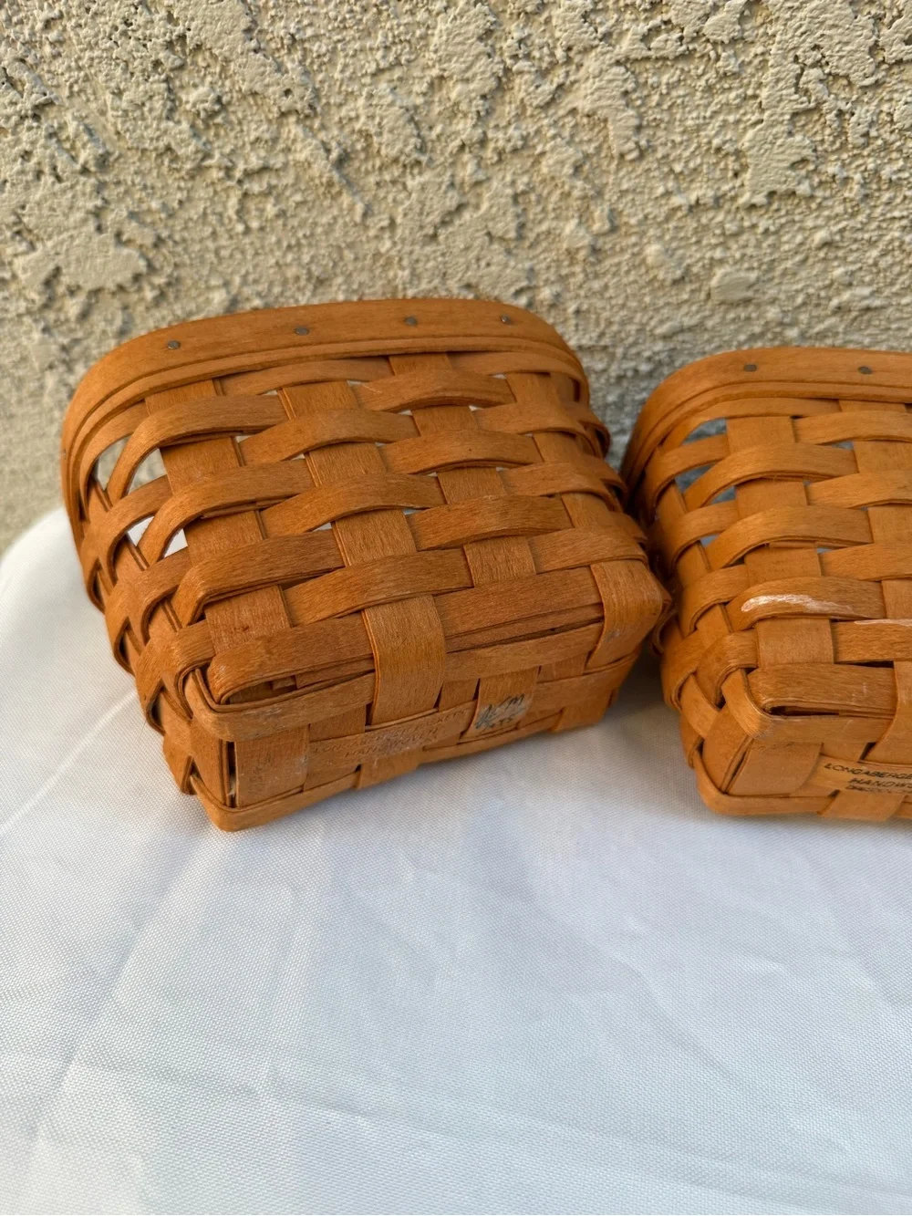 Longaberger Small Key Mail Basket Set of 3 Hanging Baskets Leather Loop Handle